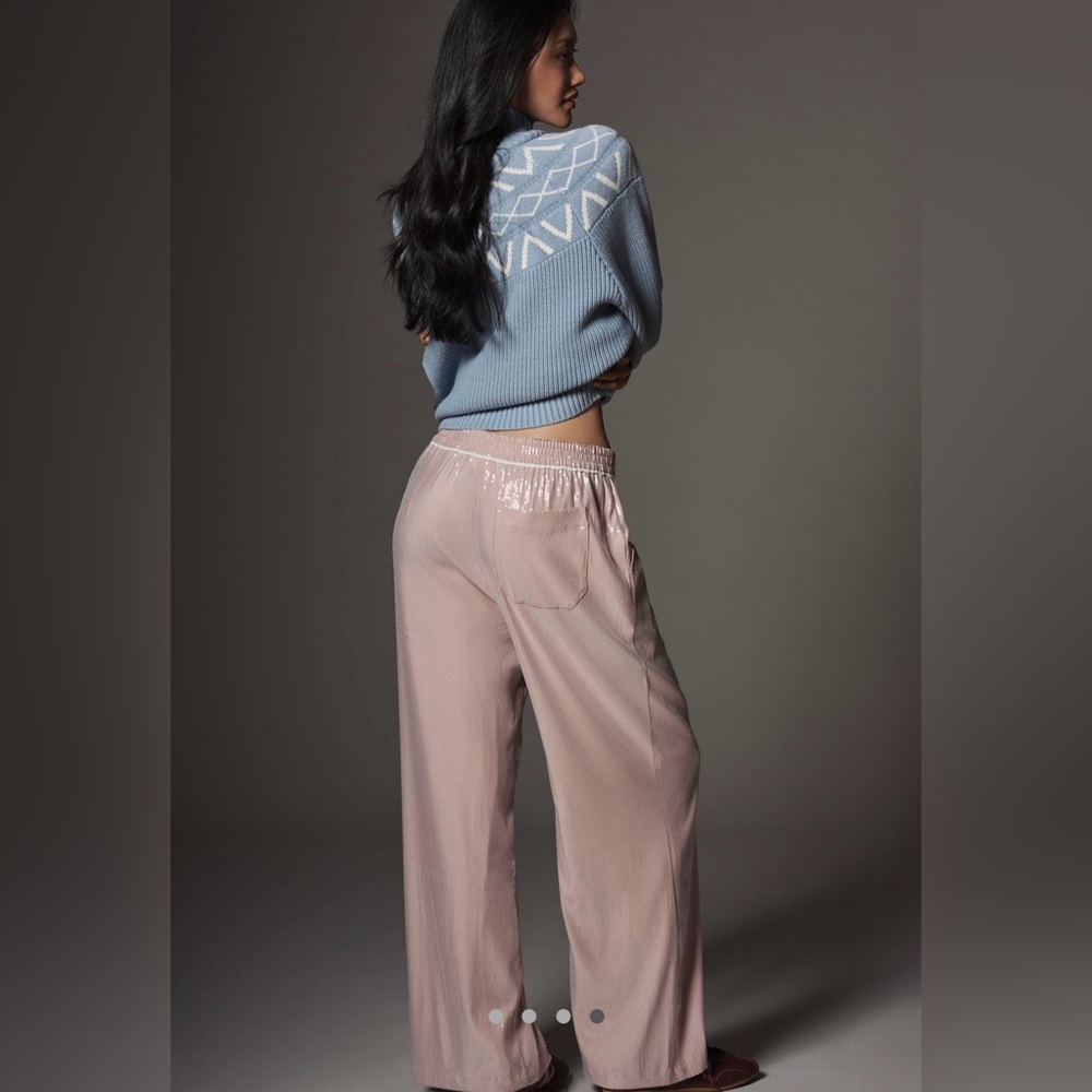 NWT Anthropologie Maeve Blush Sequin Joggers with White Stripe M - Picture 3 of 13
